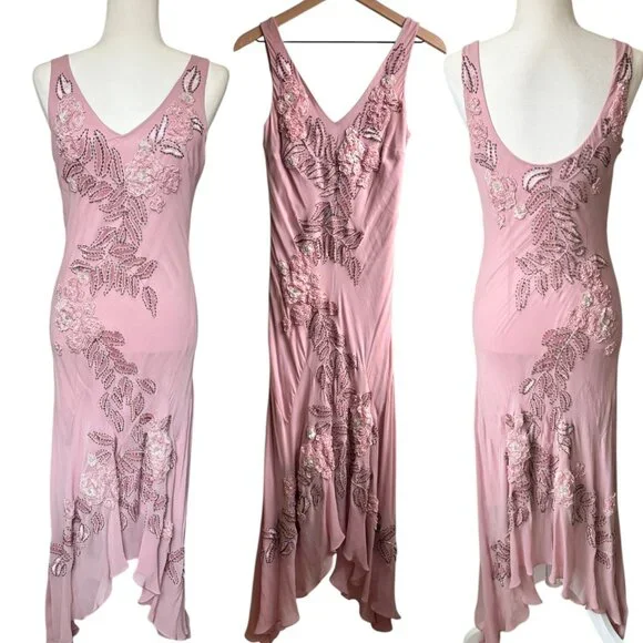 Vintage Sue Wong Silk Beaded Midi Maxi Gown 8 Blush Pink Y2K Fairy Floral Prom - Picture 1 of 10